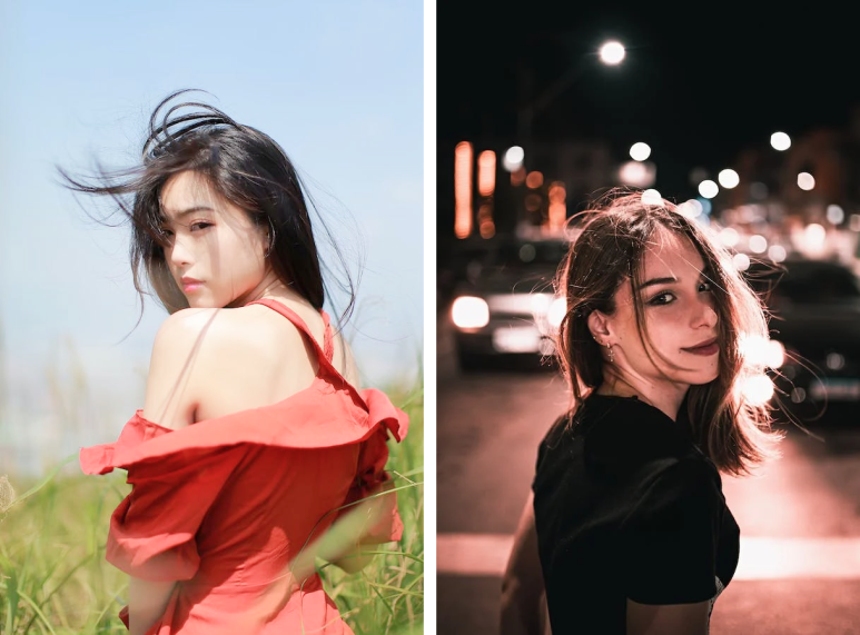 바람에 머리카락이 날리며 뒤돌아보는 사람과 밤거리의 인물